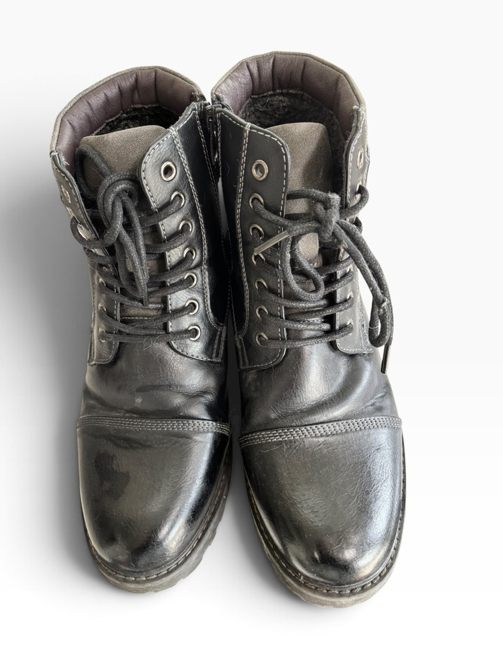 Men's Black Faux Leather Lace-Up Cap-Toe Boots